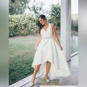 Calvin Klein high-low dress. Bridal shower, first dance, elopement, reception